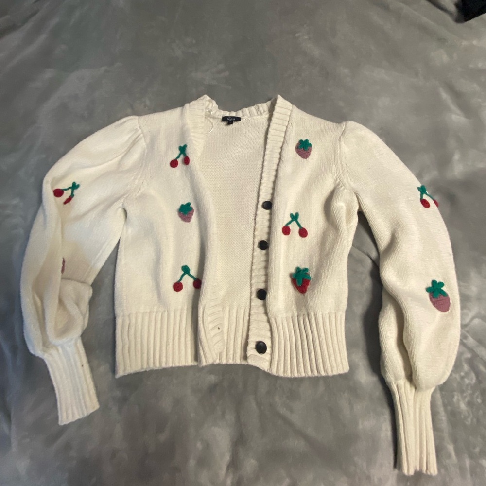 Women's White Cardigan Sweater with Fruit Embroidery